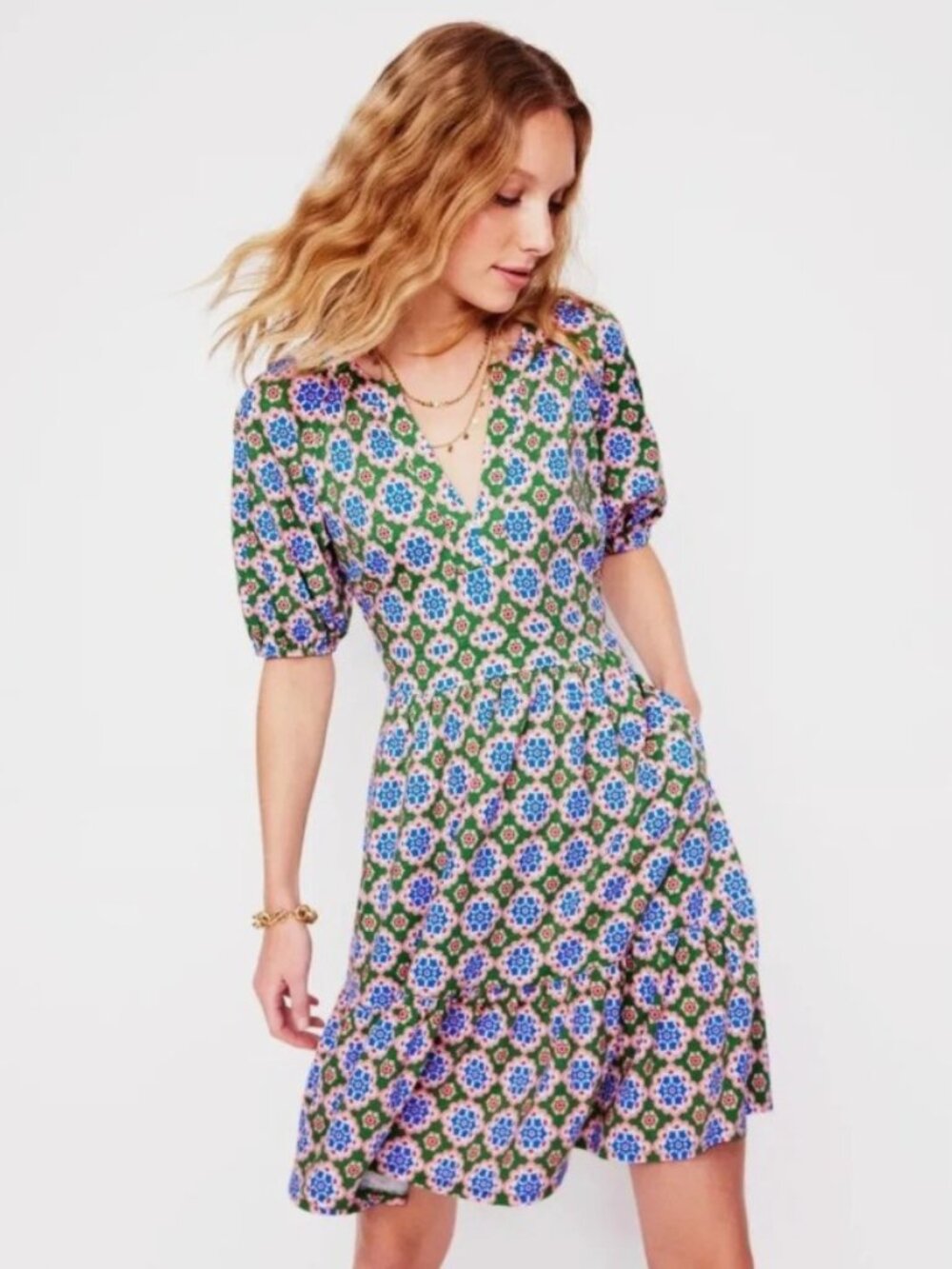 Boden Piper Short Sleeve Cotton Blend Jersey Dress Floral Sz 10